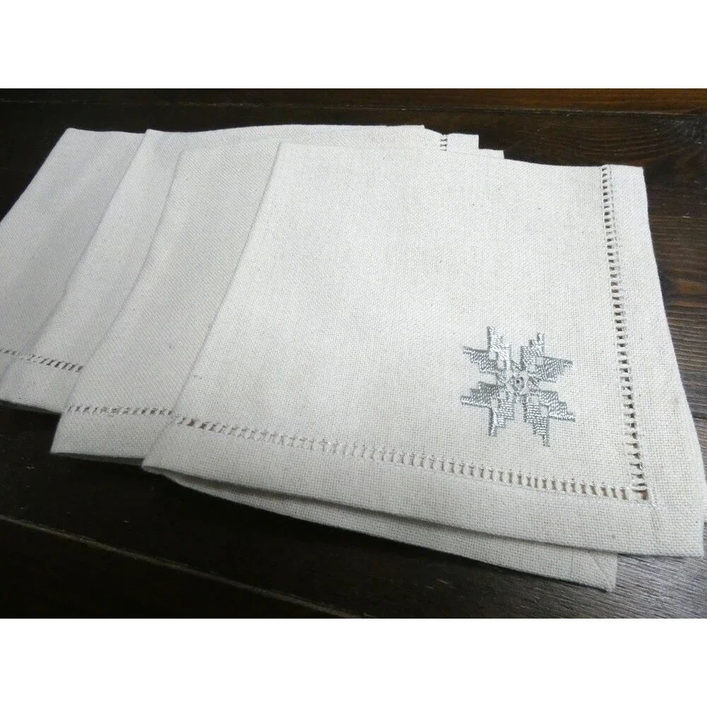Unbranded Set of 4 Let It Snow Snowflake Embroidered Linen Napkins 14.5